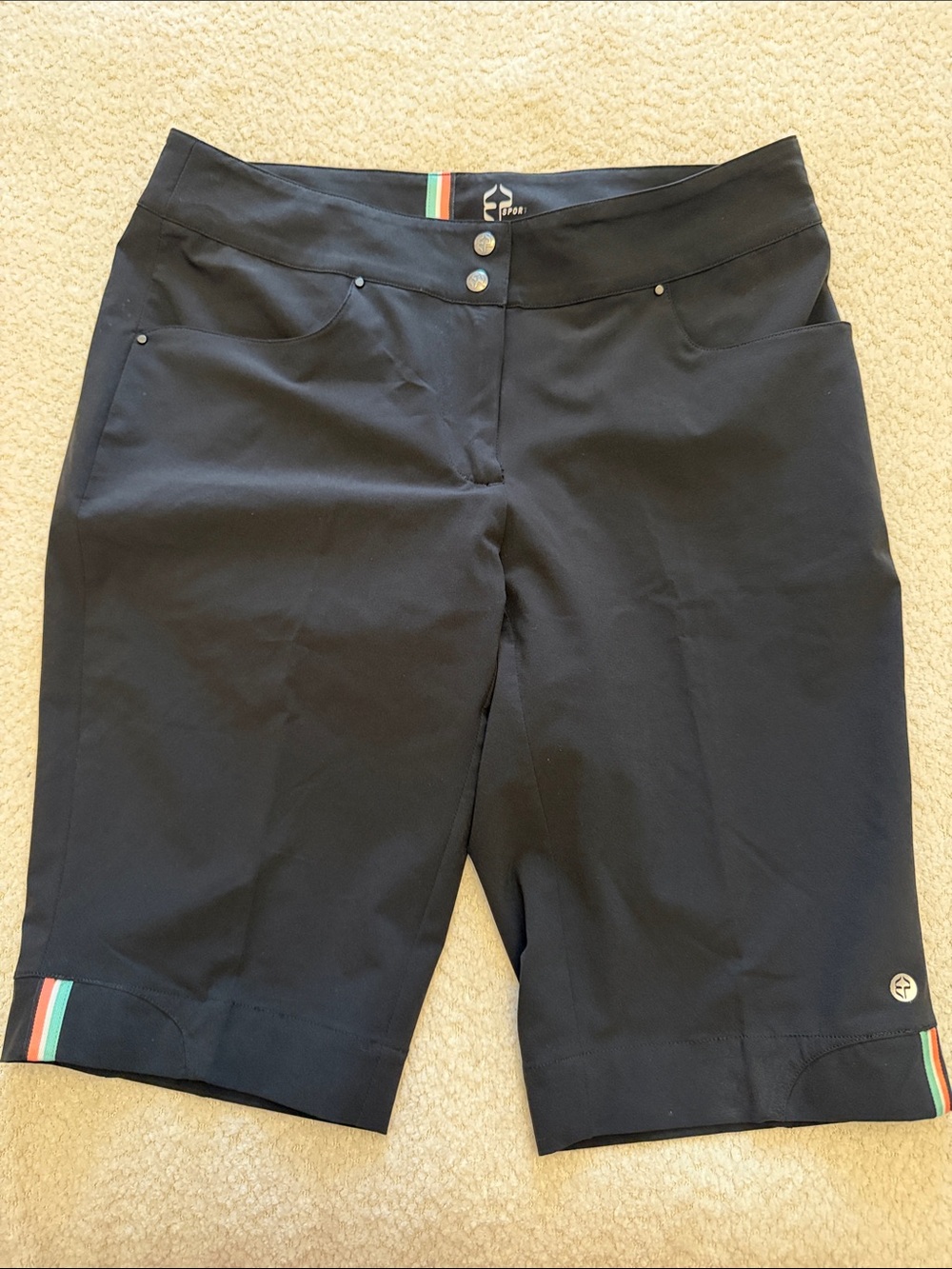 EP Sport Black Bermuda Performance Shorts with Multicolor Stripe Trim - size 4